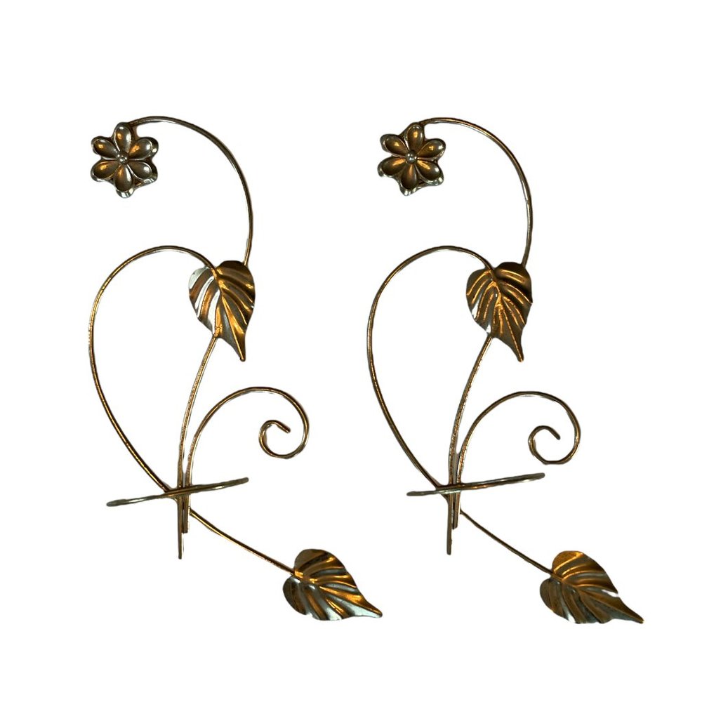 Set of Vintage Floral Leaves Swirl Wall Hanging Decor Gold Brass Holder Sconce